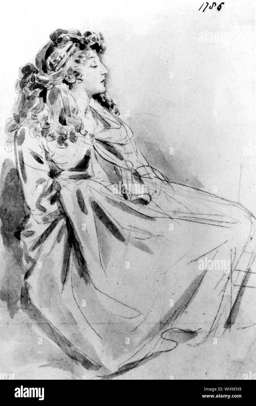 Lady Emma Hamilton (c.1761-1815), Amy né à Lyon. Maîtresse de l'Amiral Lord Nelson à qui elle enfanta une fille, Horatia en 1801. Peinture de Romney. Banque D'Images