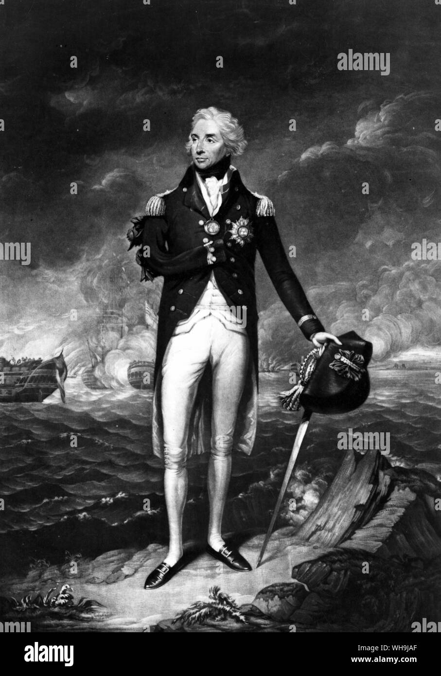 L'amiral Lord Horatio Nelson (10 Downing Street) avec la bataille du Nil dans l'arrière-plan par L.F. Abbott. Banque D'Images