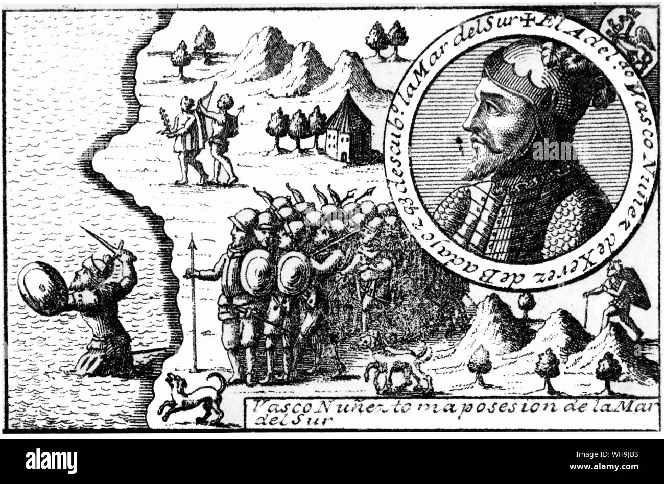 Vasco Núñez de Balboa, debout dans la Mar det Suz avec son épée et son bouclier soulevée, a appelé à son compagnon qui était avec leur chien de sang sur la rive pour témoigner que cette mer avec ses îles et côtes et les terres y étaient désormais possessions espagnoles, aussi longtemps que le monde durera et jusqu'au dernier jour du jugement. Banque D'Images Vasco Núñez de Balboa, debout dans la Mar det Suz avec son épée et son bouclier soulevée, a appelé à son compagnon qui était avec leur chien de sang sur la rive pour témoigner que cette mer avec ses îles et côtes et les terres y étaient désormais possessions espagnoles, aussi longtemps que le monde durera et jusqu'au dernier jour du jugement. Banque D'Images