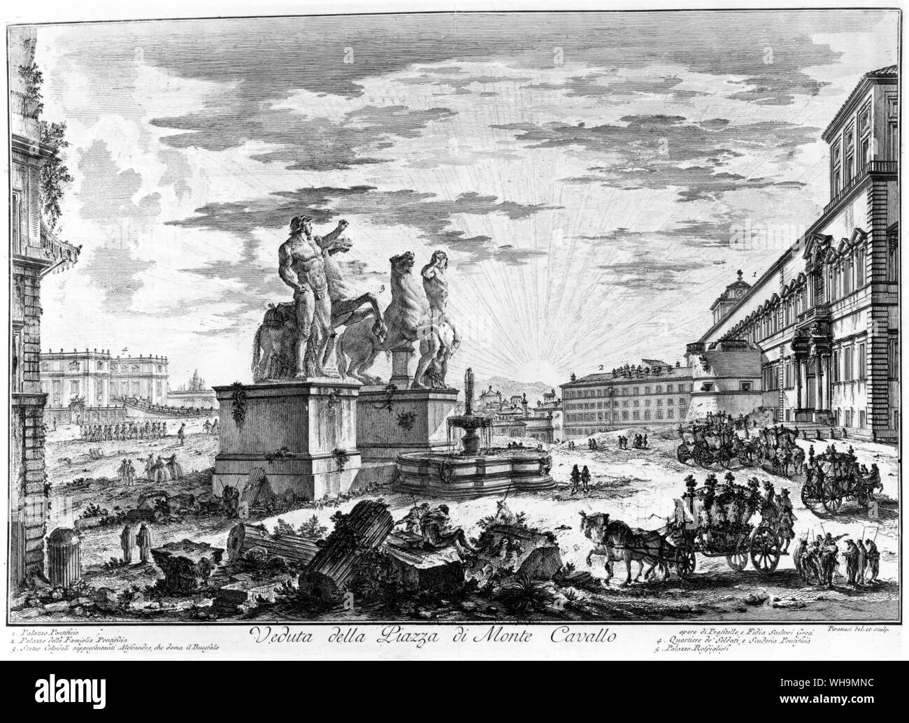 Giambattista Piranesi (1720-1778), architecte et artiste graphique. Du piranèse vue du cheval-tamers sur Monye Cavallo et Palais du Quirinal (droite). La fontaine a été démoli et rénové en 1782. L'obélisque, maintenant une caractéristique de ce groupe de fontaine a été ajouté en 1786. Veduta della Piazza di Monte Cavallo. Banque D'Images