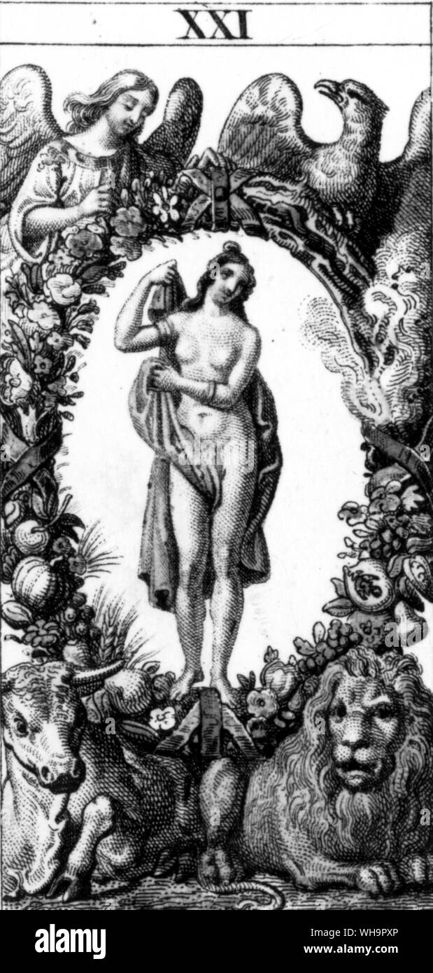 La carte de tarot - Il Mondo - une conception traditionnelle d'une femme dansant au sein d'une gerbe de fleurs elliptiques Banque D'Images