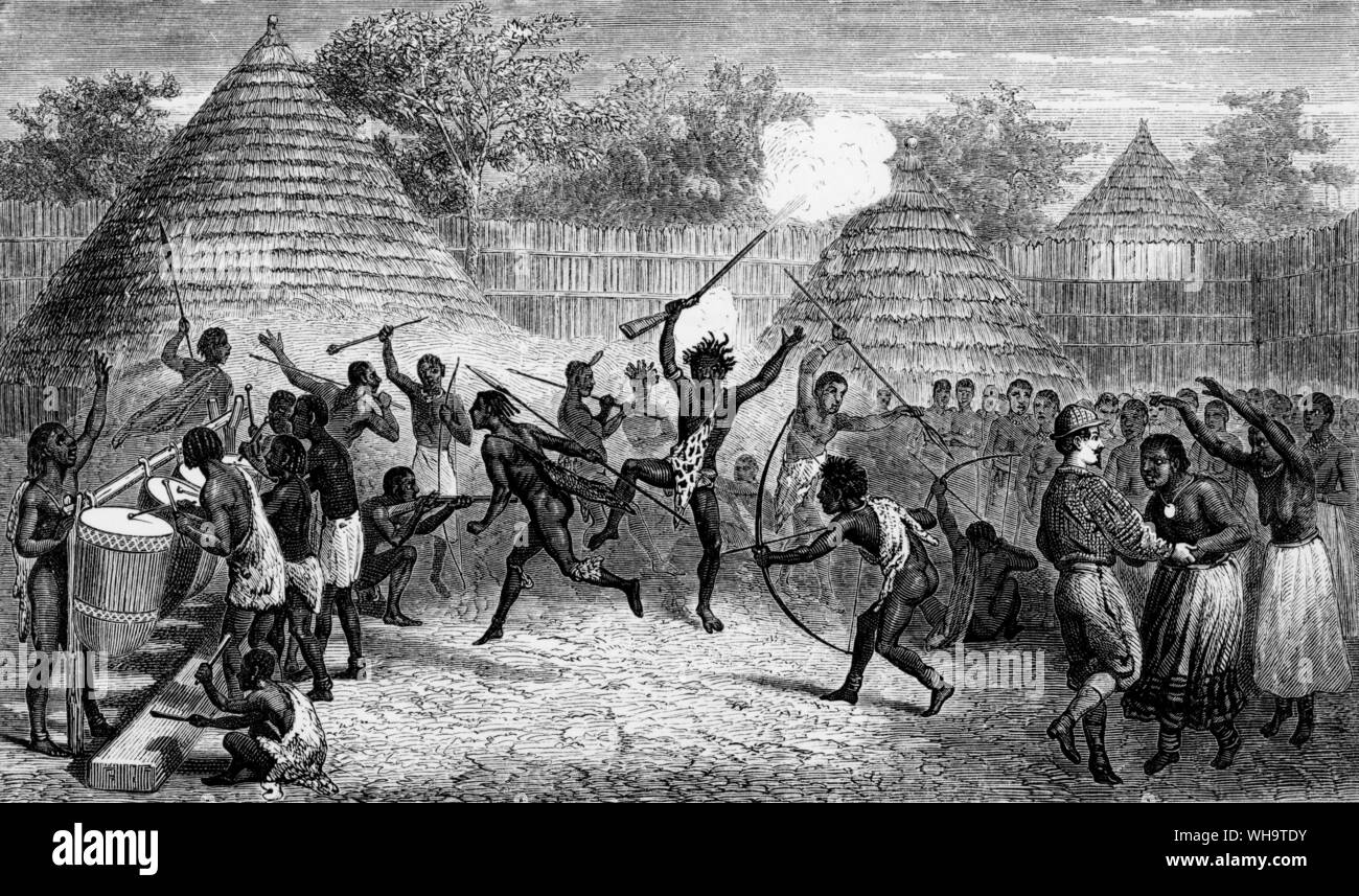 Le voyage de 1856-1860 à accorder à l'Afrique. Grant danse avec Ukuhma Banque D'Images