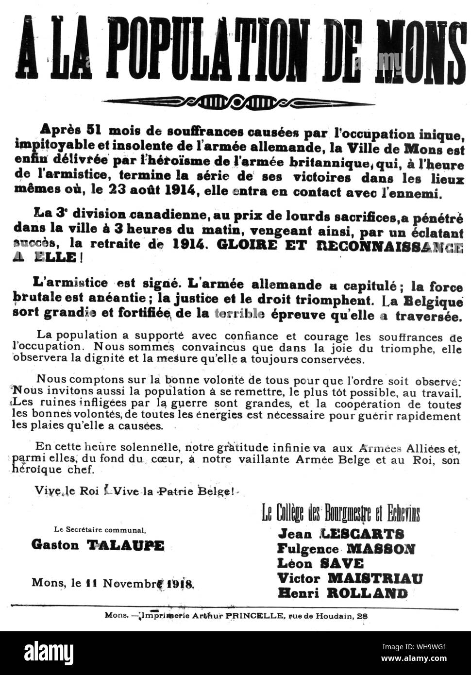 WW1/ A la population de Mons. 11 novembre 1918. Publication de l'Armistice. Banque D'Images