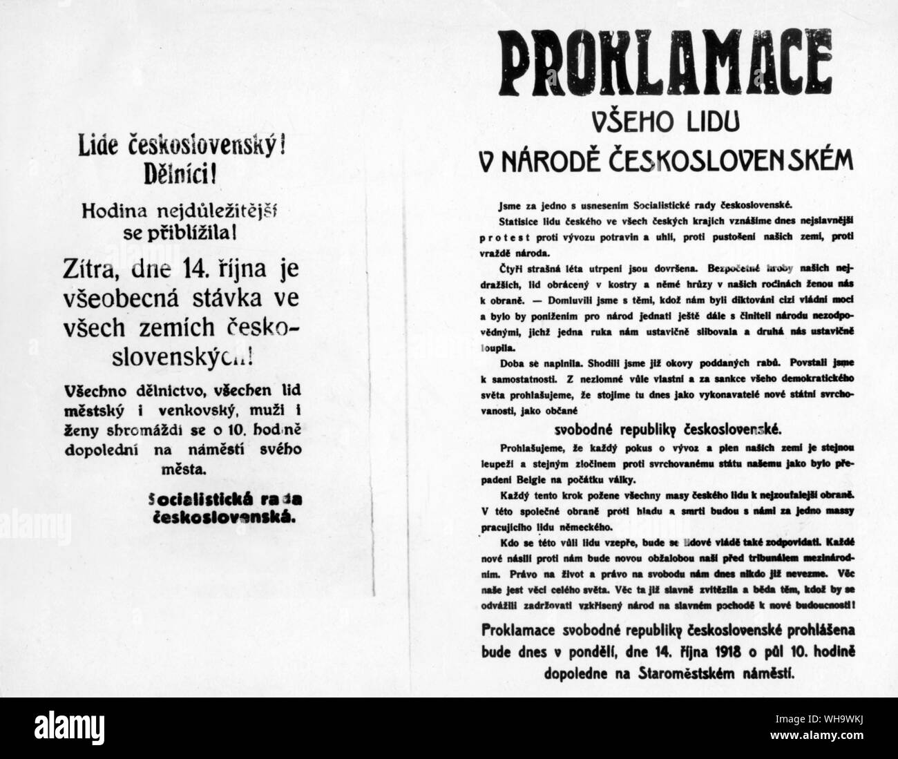 WW1/Prospectus de la Conseil socialiste émis pour 14 octobre 1918. . 1. Appeler à une grève générale et des manifestations.. 2/ Le texte d'une proclamation promulguant la mise en place de l'indépendance de la Tchécoslovaquie. Banque D'Images