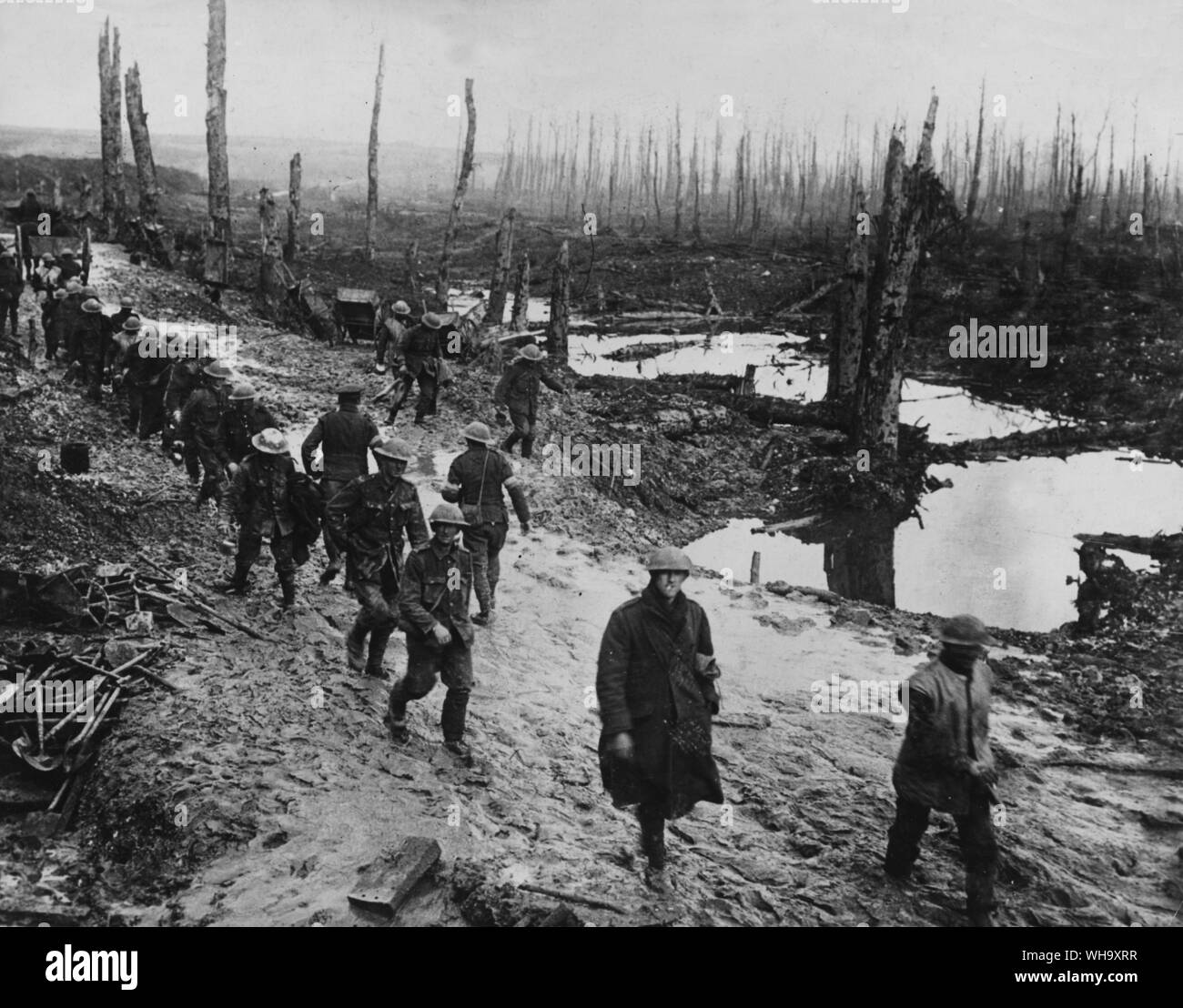 WW1 : la bataille de la Somme. Dans un seul fichier, une colonne de soldats font leur avant dans ce qui était autrefois une forêt - par l'automne de 1916, il s'agissait d'un marais boueux. Banque D'Images