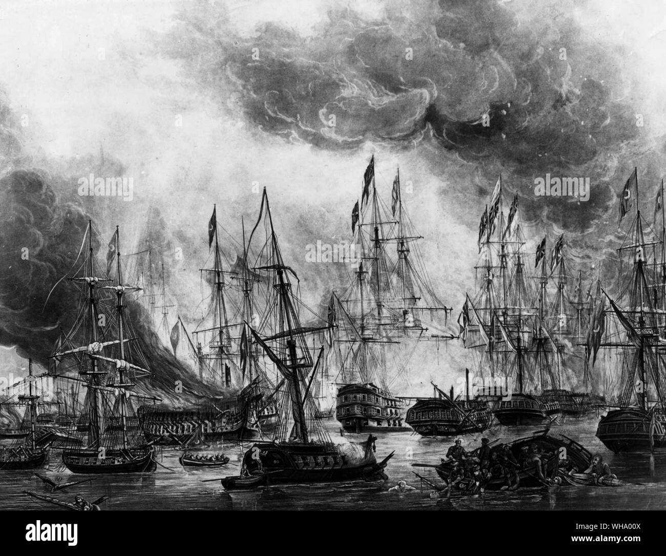 Bataille de Navarin, le 20 octobre 1827. L'Asie en arrière-plan derrière le centre de Brig turc en premier plan. La guerre navale, 19e siècle. Banque D'Images