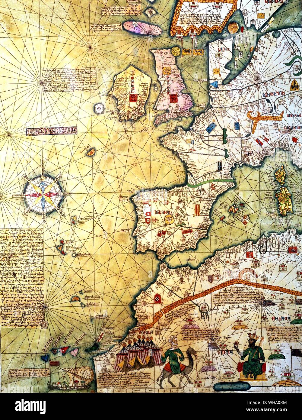 Une partie de l'atlas occidental. . La moitié occidentale de l'Atlas Catalan 1375 Banque D'Images
