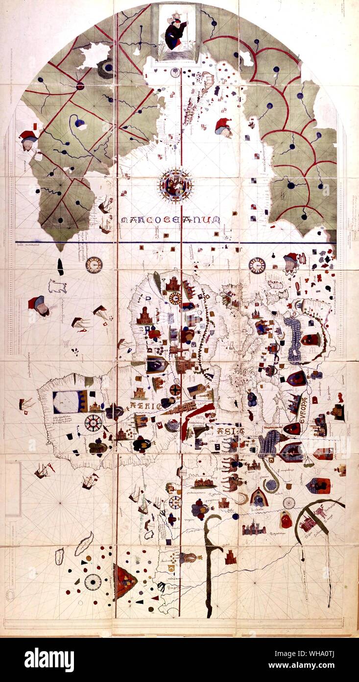 La première carte montrant les anciens et nouveaux mondes, dessiné en 1500 par Juan de la Cosa, qui a navigué avec Columbus sur le deuxième voyage. Terres inconnues sont de couleur vert traditionnel. Banque D'Images