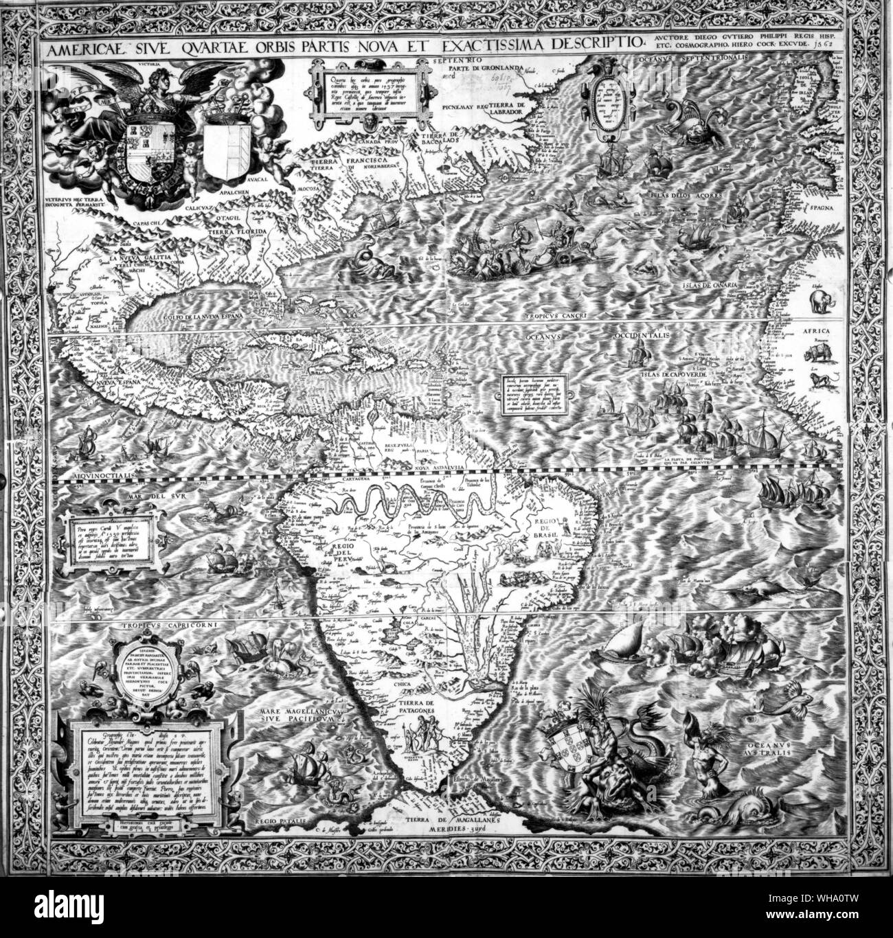 Le continent du sud est indiqué sur une carte de 1562 le nouveau monde : dans le monstre, Atlantic Da Gama franchit la ligne que Neptune s'approche de la Caraïbes. Banque D'Images