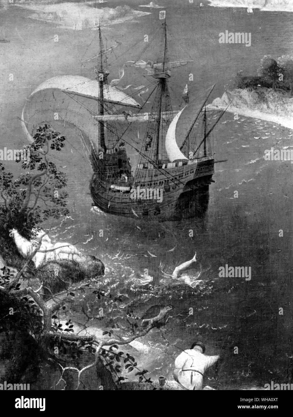 Détail d'un navire de paysage avec la chute d'Icare de Pieter Breugel l'ancien. Icarus a presque disparu. (Imprimé en couleur dans le livre) Banque D'Images