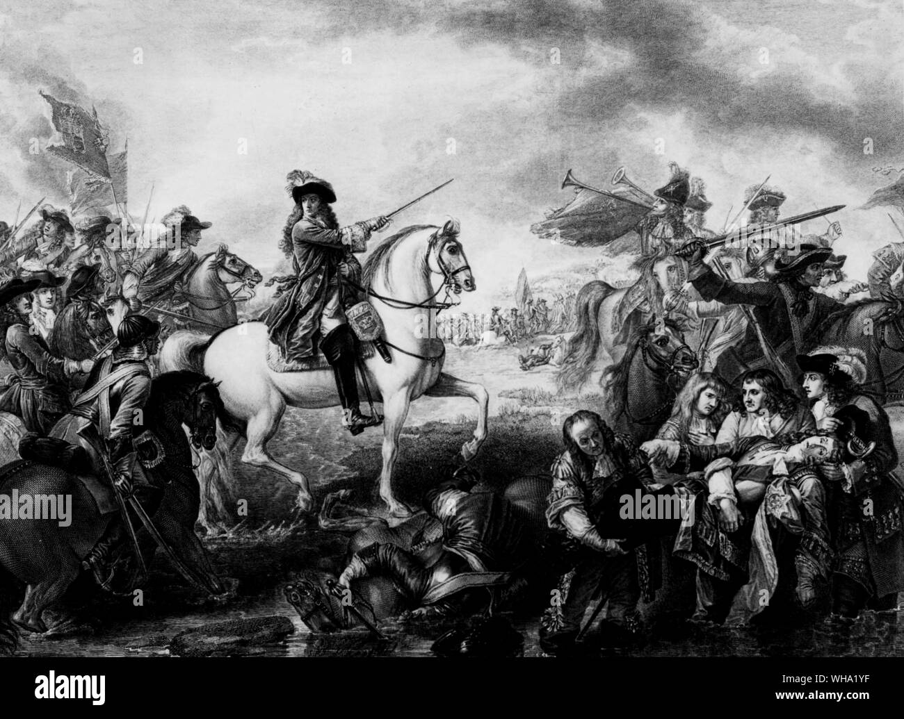La bataille de la Boyne. Gravure en ligne par John Hall après B. West, publié en 1781. Banque D'Images