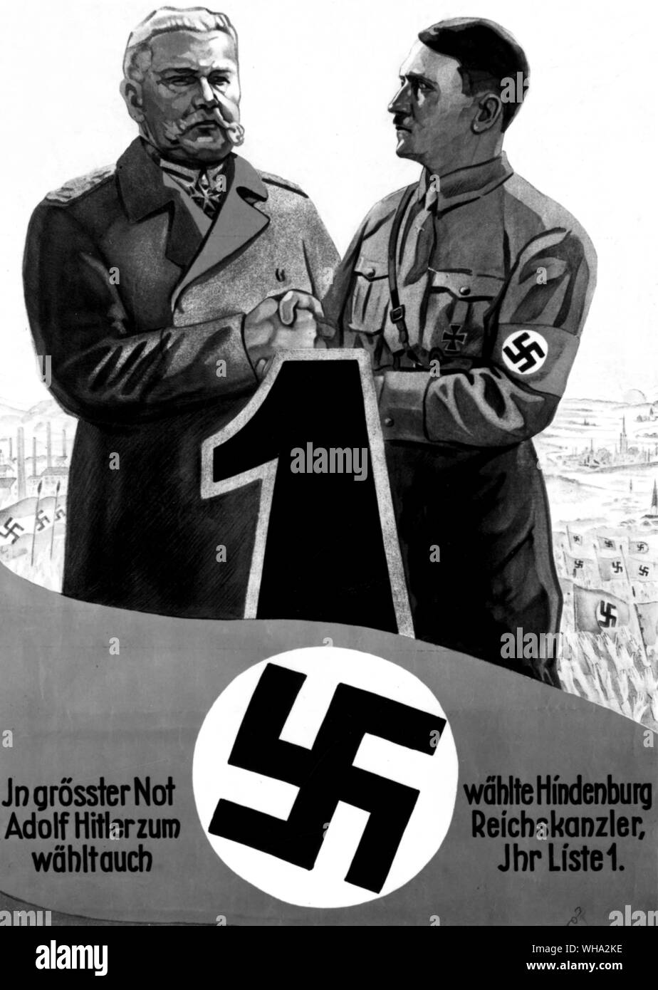BTW : Parti nazi. 1932 Élections en Allemagne de l'affiche. Montrant Hitler et Hindenburg dans la collaboration. Banque D'Images