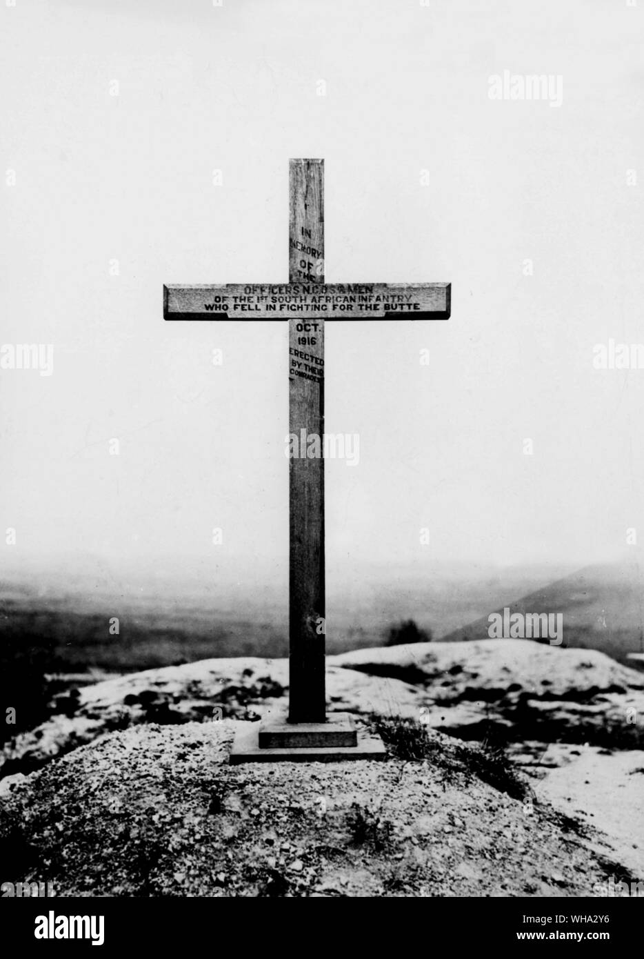 WW1 : monument de guerre à la hommes de la 1re d'infanterie d'Afrique du Sud qui sont tombés dans la lutte pour la butte, 1916. Banque D'Images