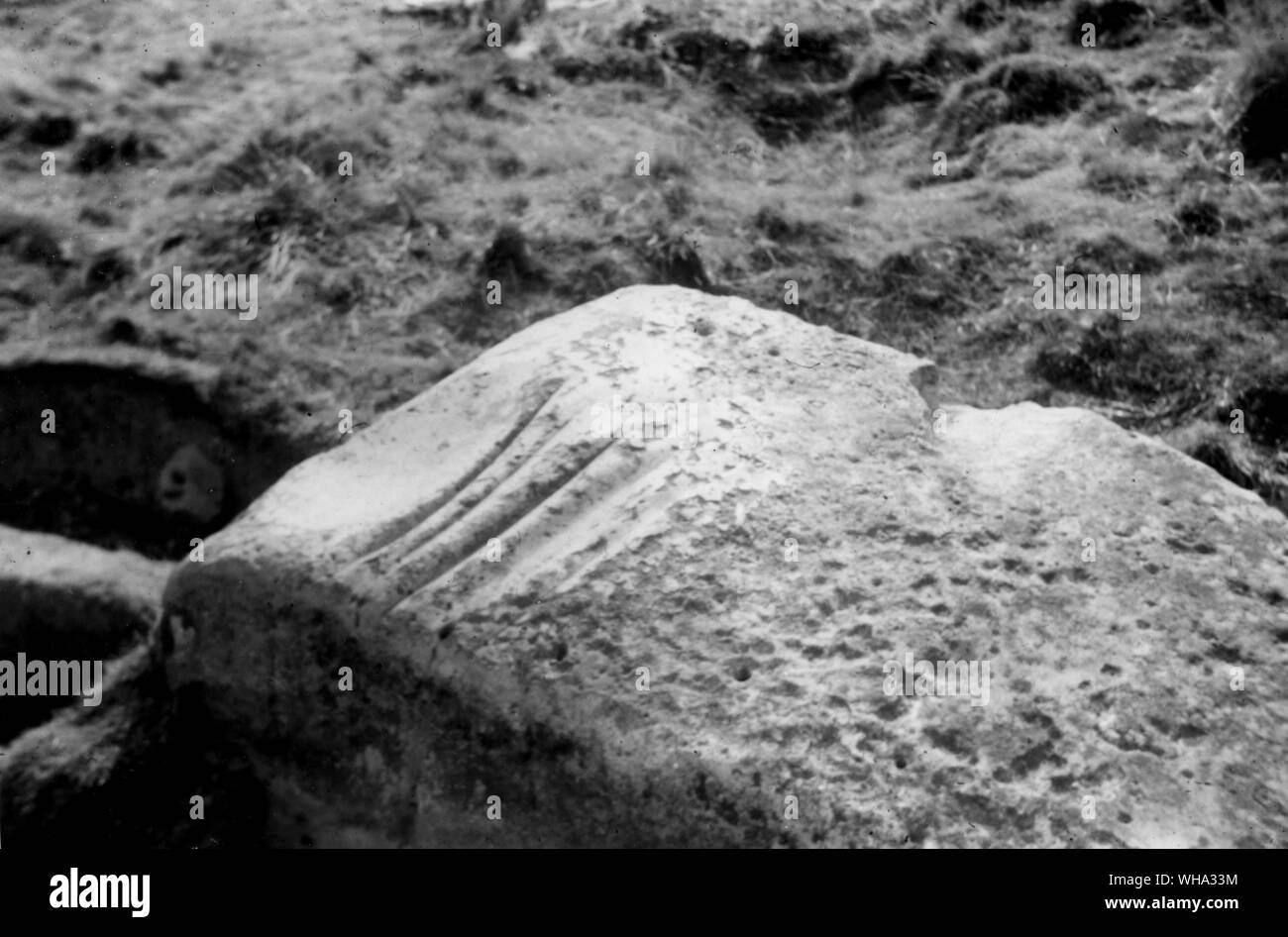 L'homme : Avebury Wiltshire. Polissoir néolithique pour affûter des axes. Banque D'Images