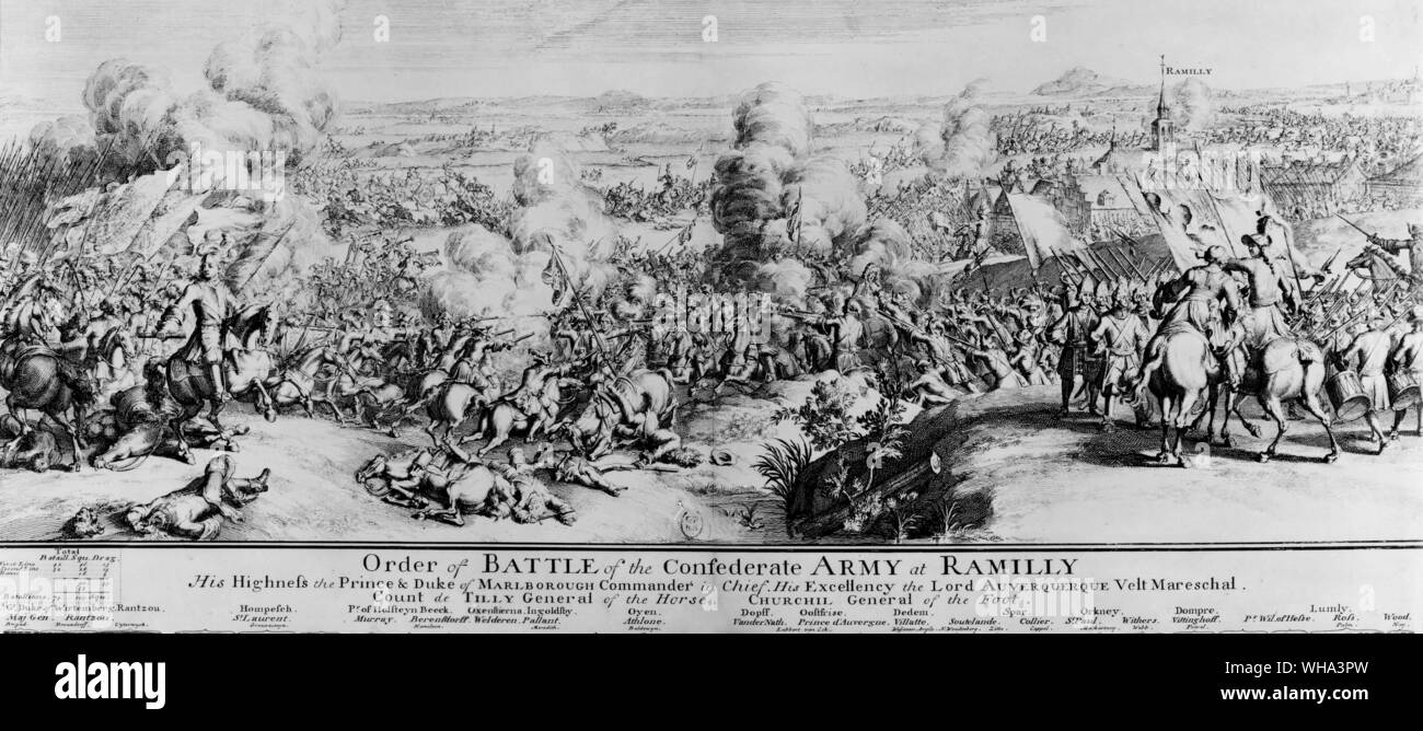 Le but de la bataille de l'armée confédérée à Ramilly. Son Altesse Royale le Prince et duc de Marlborough, commandant en chef. Son excellence le Seigneur Auverquerque Velt Mareschal. Le comte de Tilly, général du cheval. Churchill, le général du pied. Banque D'Images