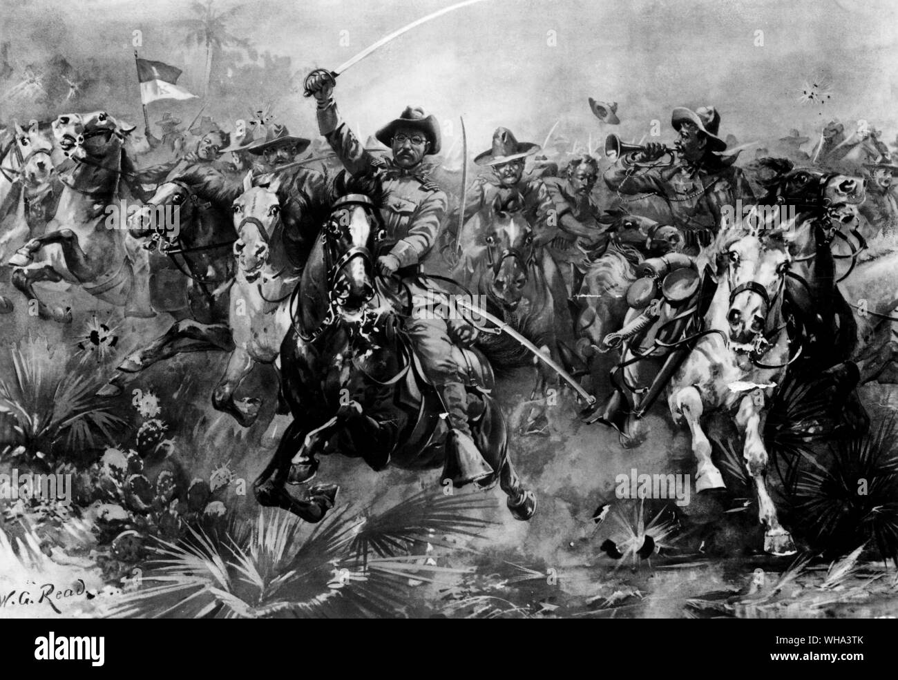 Theodore Roosevelt à la tête de la Rough Riders dans la guerre hispano-américaine par W G lu. Banque D'Images
