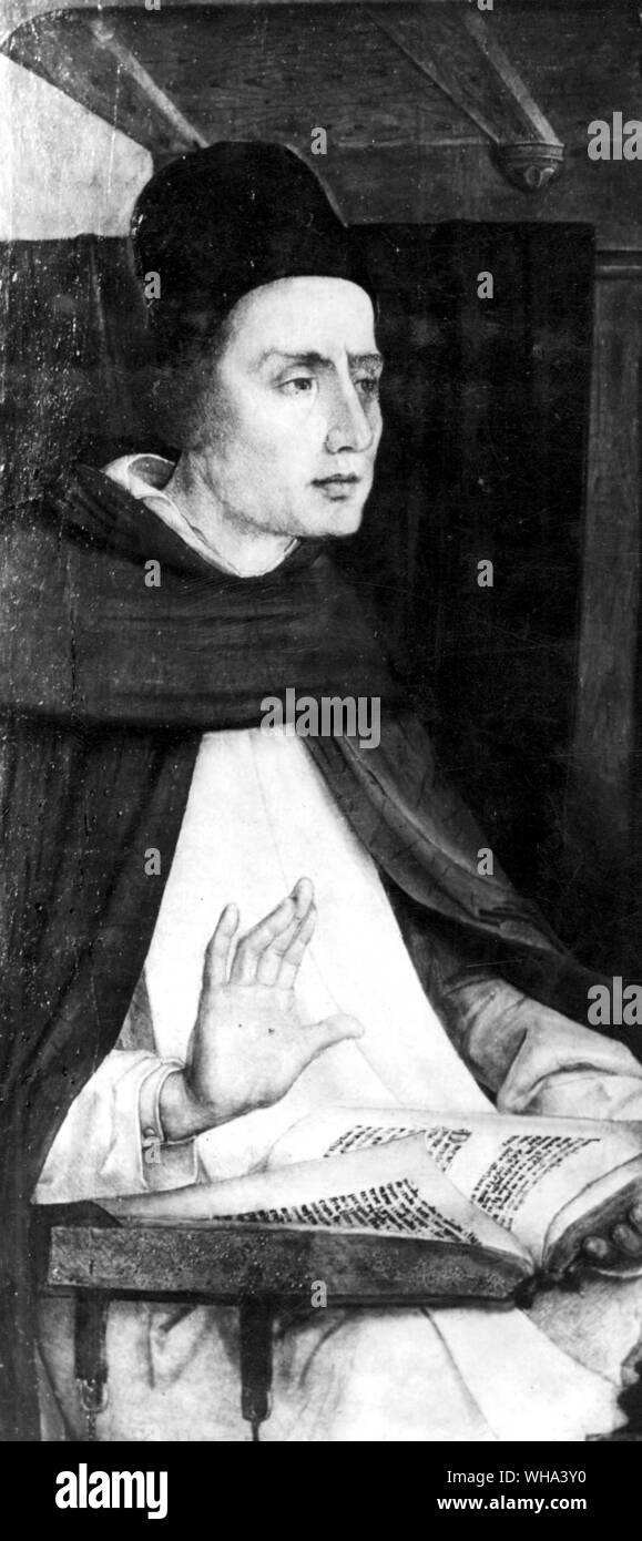 Albertus Magnus, par Justus van Ghent. . Albertus Magnus (Albert le Grand, comte von Bollstadt ; le docteur Universel) alchimiste allemand, saint, érudit, théologien et enseignant ; de Thomas d'Aquin ; élément découvert l'arsenic ; saint patron de scientifiques ; canonisée en 1932 ; fête le  15 novembre 1200 ?-1280 . . . . . Banque D'Images