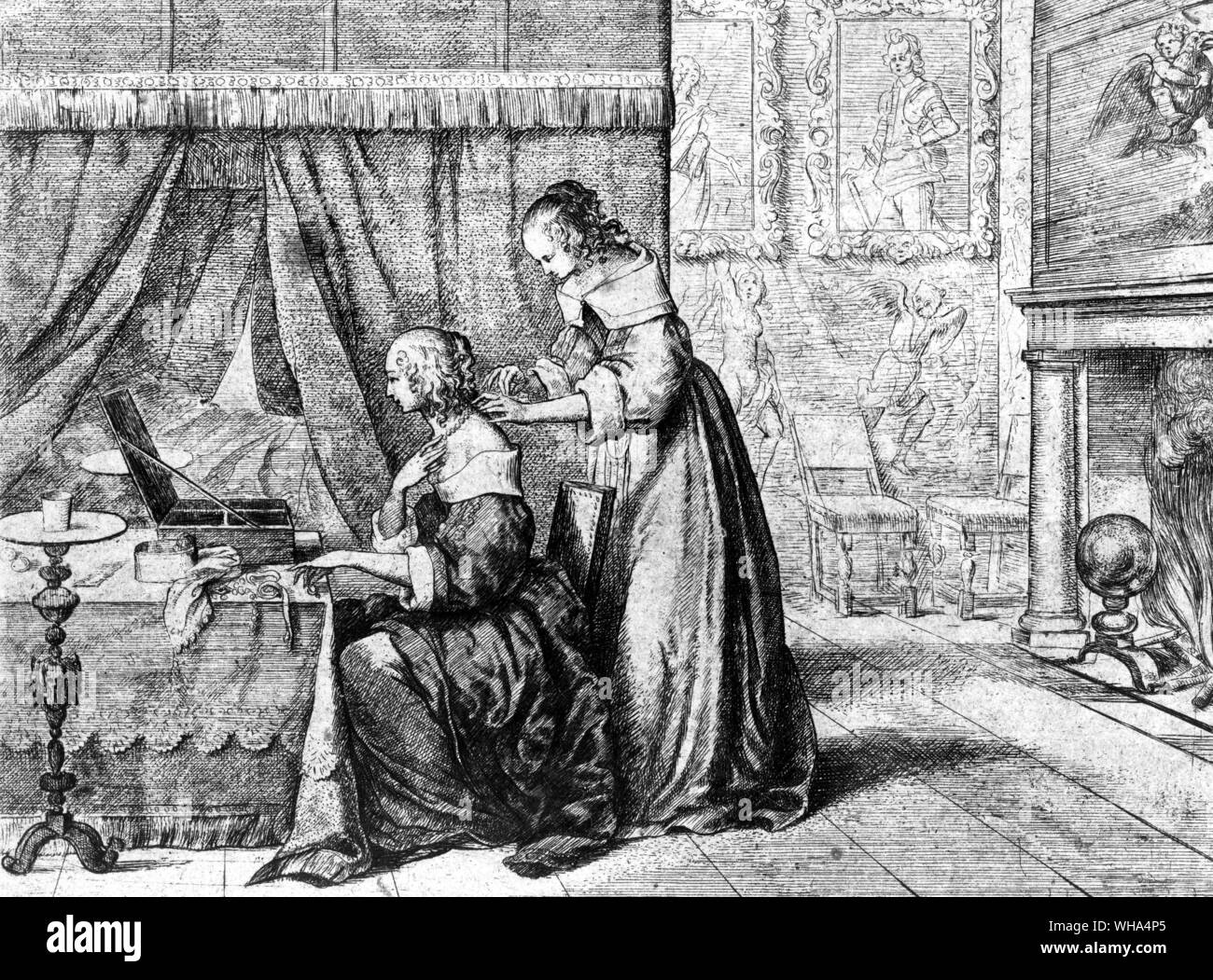 Alors que j'étais occupé au bureau, ma femme l'envoie pour moi de venir à la maison, et c'était quoi, mais pour voir la jolie fille (Deb Willet), qu'elle est en train d'attendre sur elle." (27 septembre 1667). Dessin de E. Marmion 1640. Tiré de l'anglais Samuel Pepys, diariste et administrateur de la marine ; conservés diary 1660-1669 1893-1899 (publié) ; président de la Société royale d' 1633-1703 1684-1686 Banque D'Images