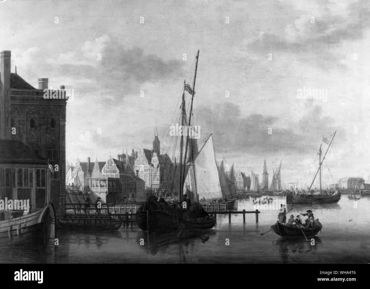 Le port d'Amsterdam. Abraham Storck. 1644Ð1708). Paysage hollandais et peintre de marine. Comme son père et ses trois frères, tous les artistes, il a utilisé le nom Sturckenburch et seulement changé de Storck autour de 1688. Considéré comme le meilleur de tous, il a vécu et travaillé à Amsterdam où il est entré dans la guilde de Saint-Luc avant d'établir un studio indépendant. Sa production prolifique de port mode scènes et vues topographiques nécessaires l'emploi des assistants, et cela a contribué à une qualité inégale dans ses oeuvres. D'autres artistes ont eu une influence importante sur lui. Il semble avoir appris Banque D'Images