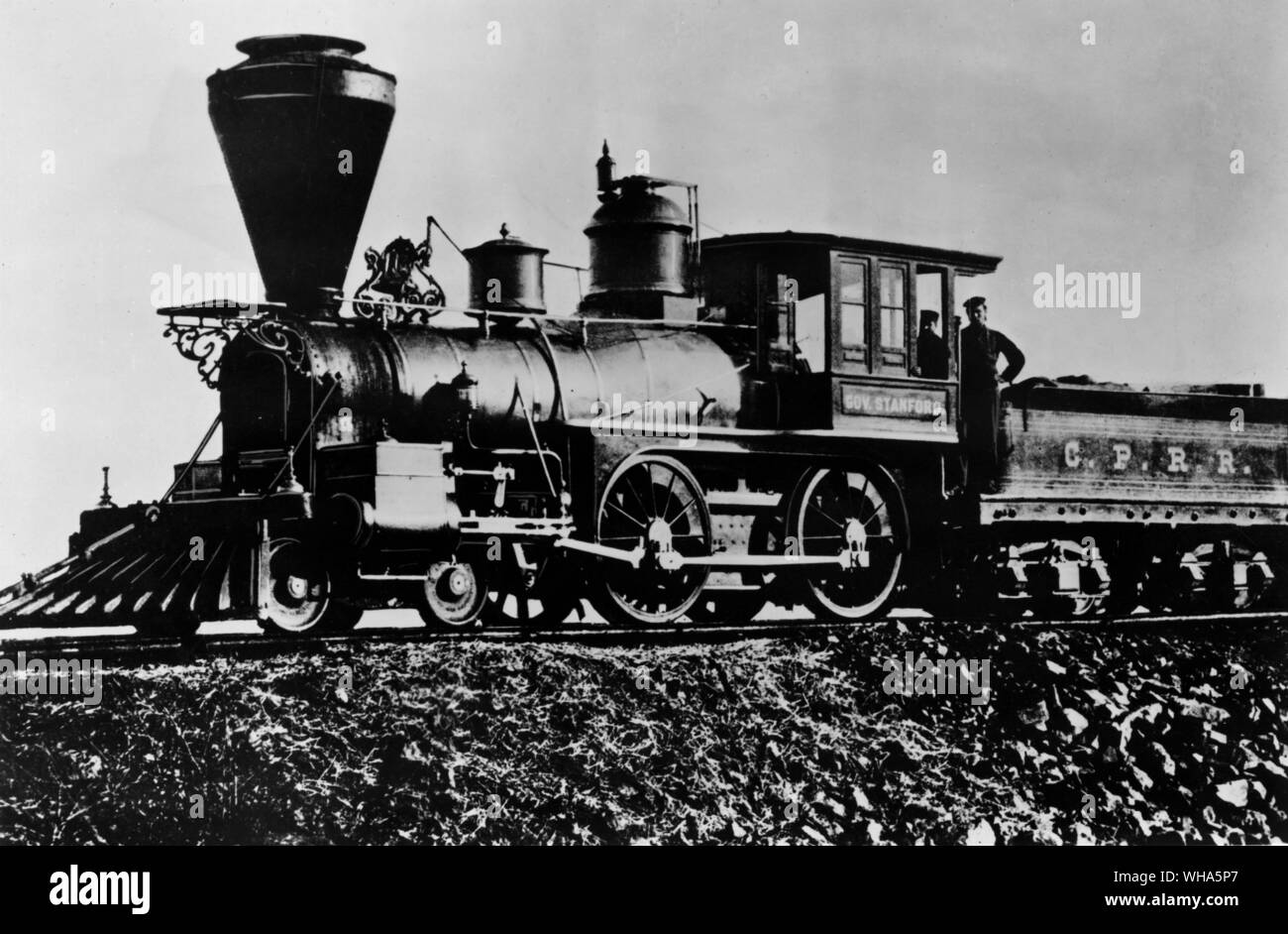 La première locomotive Govenor Stanford à être mis en service par la Central Pacific Railroad Company (maintenant le sud du Pacifique), a été expédié autour du cap Horn et assemblé à Sacramento en Californie. A son premier voyage, le 10 novembre 1863.. Banque D'Images