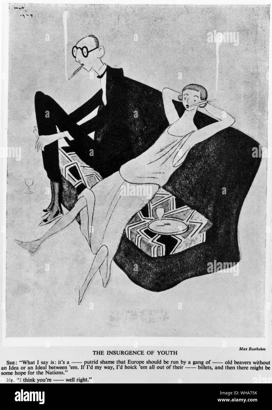 L'insurrection de la jeunesse. Elle : Ce que je dis est : c'est une honte que l'Europe putride .....doit être exécuté par un gang de castors vieille........ sans une idée ou un idéal entre 'em. Si j'avais mon chemin, j'hoik 'em tous hors de leurs billettes............, puis il y a peut-être un peu d'espoir pour les Nations Unies.. Il : Je pense que vous êtes........bien droite.. Max Beerbohm Banque D'Images