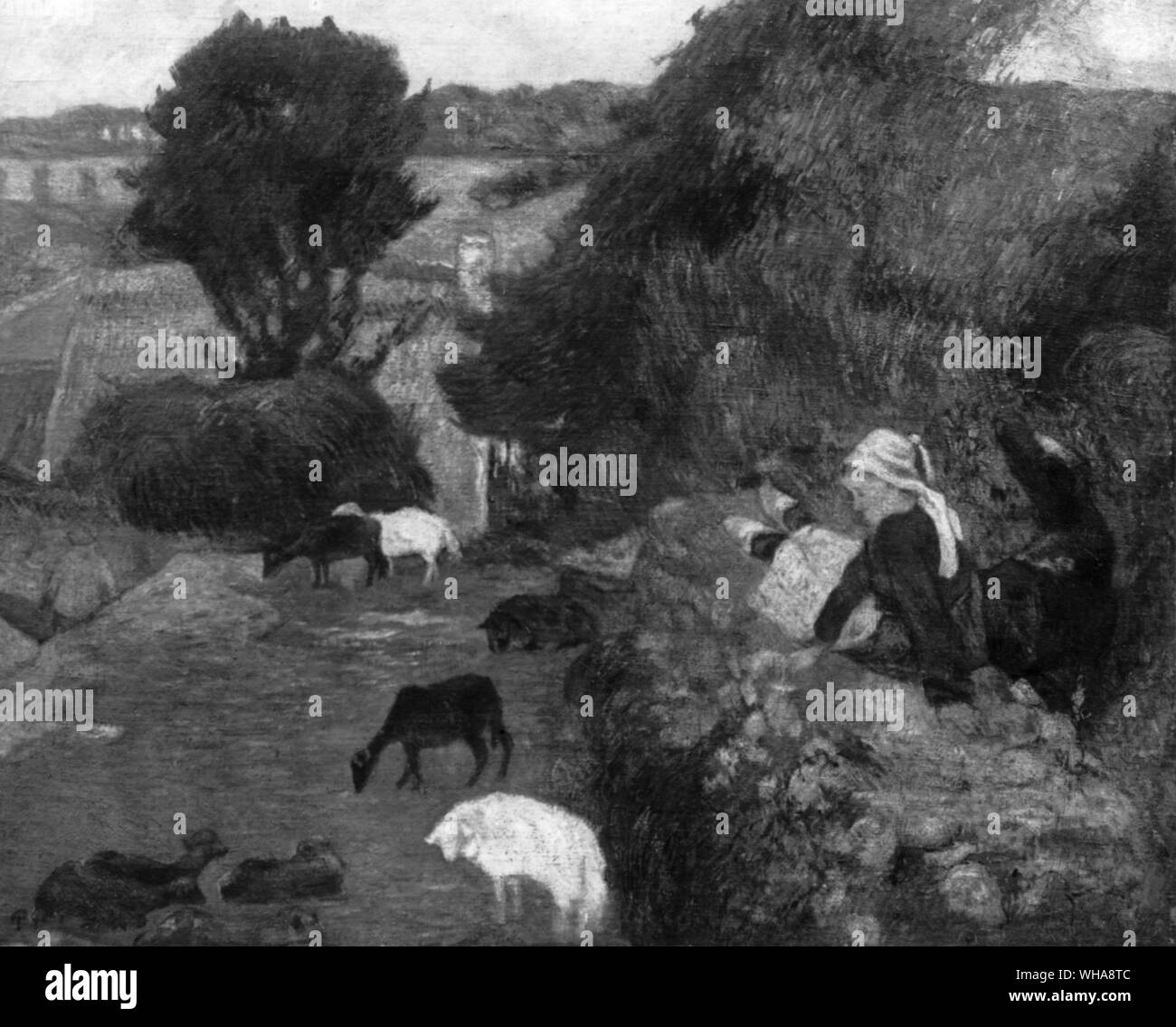 Bretons et moutons. Les Bretons et les moutons par Gauguin. Banque D'Images