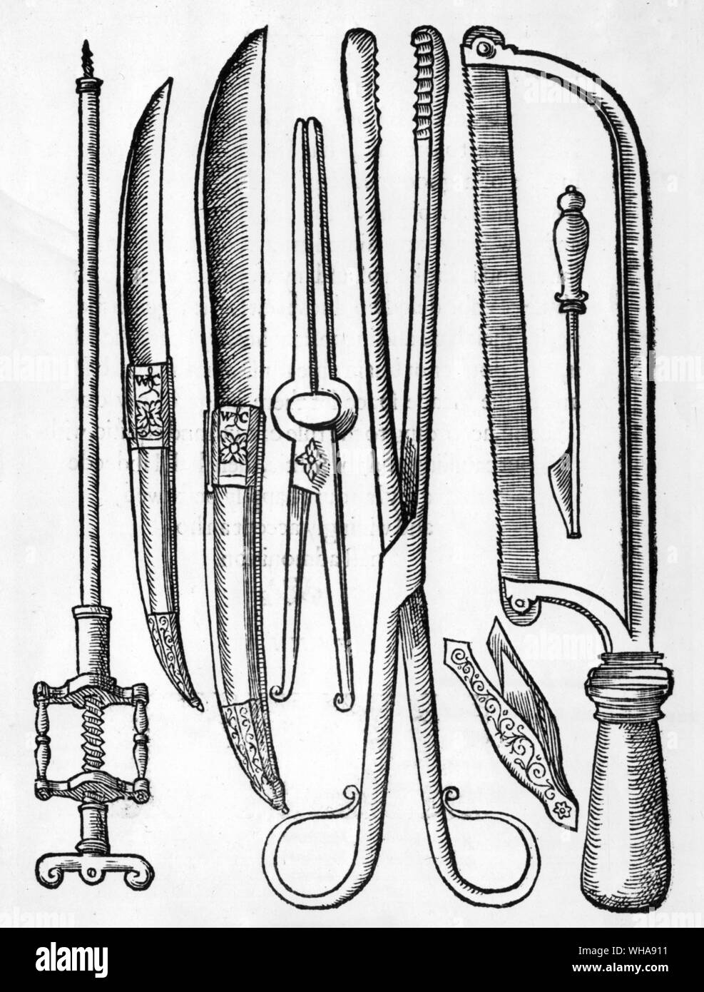 Les instruments chirurgicaux 16ème siècle. De William Clowes profitable et nécessaire d'observations livre de Londres. 1596 Banque D'Images