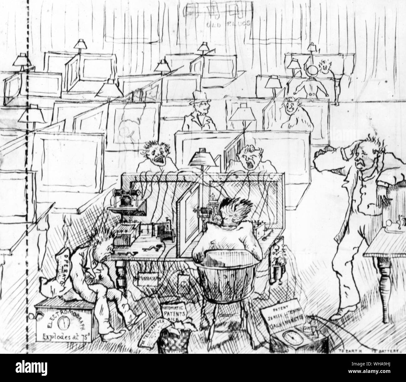 Une impression d'artiste en 1875 du chaos qui a été mal-- attendus après le développement de l'Edison du quadruplex telegraph, qui a permis à quatre messages d'être envoyés sur un seul fil. . . Difficulté dans le Quad 1875 Banque D'Images