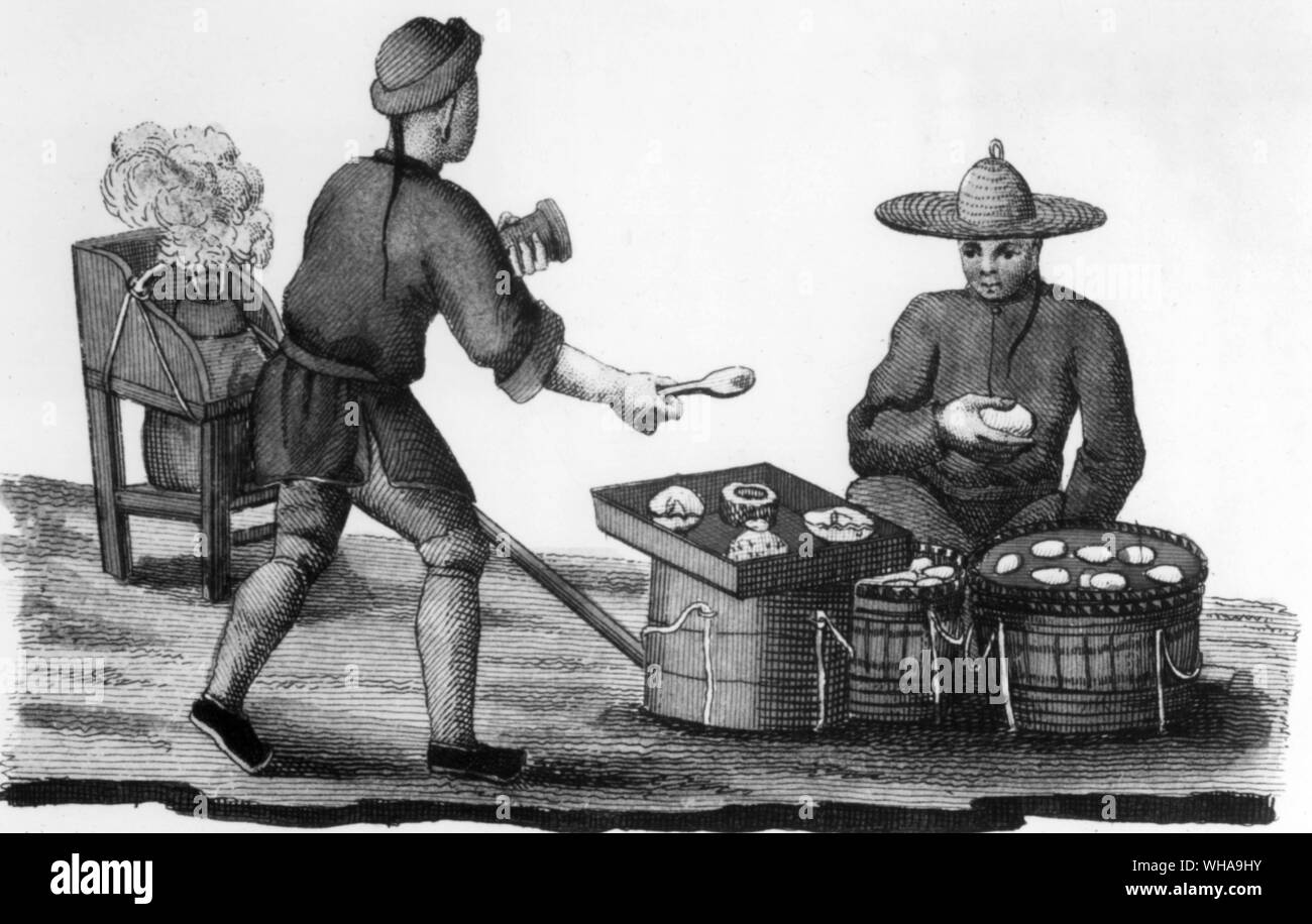 Miniature chinoise 1811 AD. Voyageant cook et oeuf dur vendeur Banque D'Images