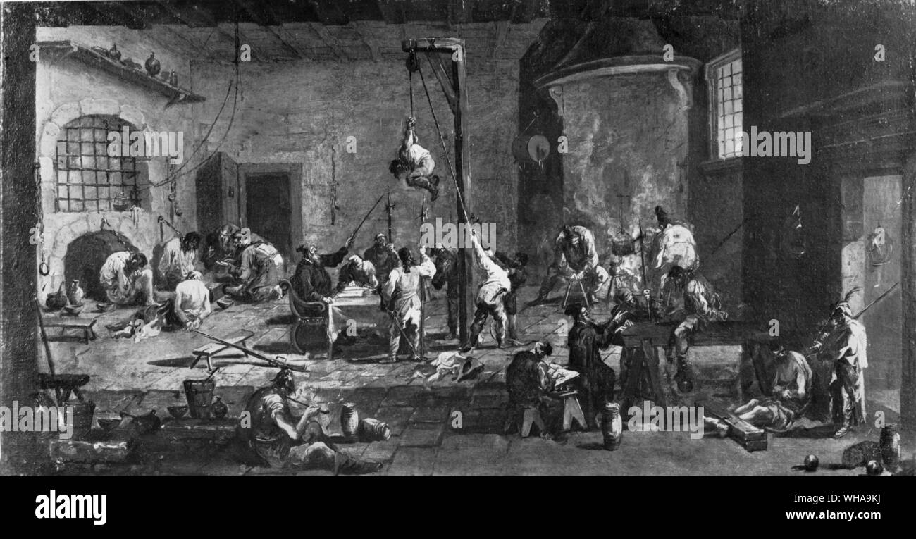 Scènes de l'Inquisition. 1677-1749. Turchi. Turchi peint des scènes dans lesquelles il a révélé les inquiétudes de son âge, comme par exemple dans cette photo, qui illustre une chambre à la torture de l'Inquisition. Il a emprunté certains de ses motifs d'eaux-fortes de Callot, mais l'arrangement et expressif de rythme fluide les groupes sont un reflet de son propre style original et très personnel... C'est l'un d'un groupe de trois tableaux inspirés par les désastres de la guerre. Les pillages, les blessés, et la torture sont tous représentés dans un style documentaire, presque lucide, qui pourrait presque être considéré comme une forme de Banque D'Images