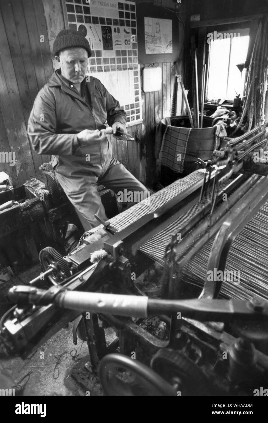 John MacGregor au travail dans son hangar de tissage dans le village de Carloway sur l'île de Lewis dans les Hébrides extérieures Banque D'Images John MacGregor au travail dans son hangar de tissage dans le village de Carloway sur l'île de Lewis dans les Hébrides extérieures Banque D'Images