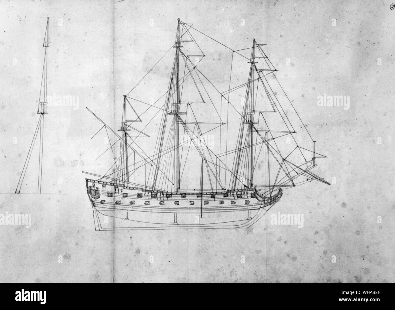 Quatrième navire de plans de gréement par Sir Anthony Deane à partir de la doctrine de l'Architecture navale Banque D'Images