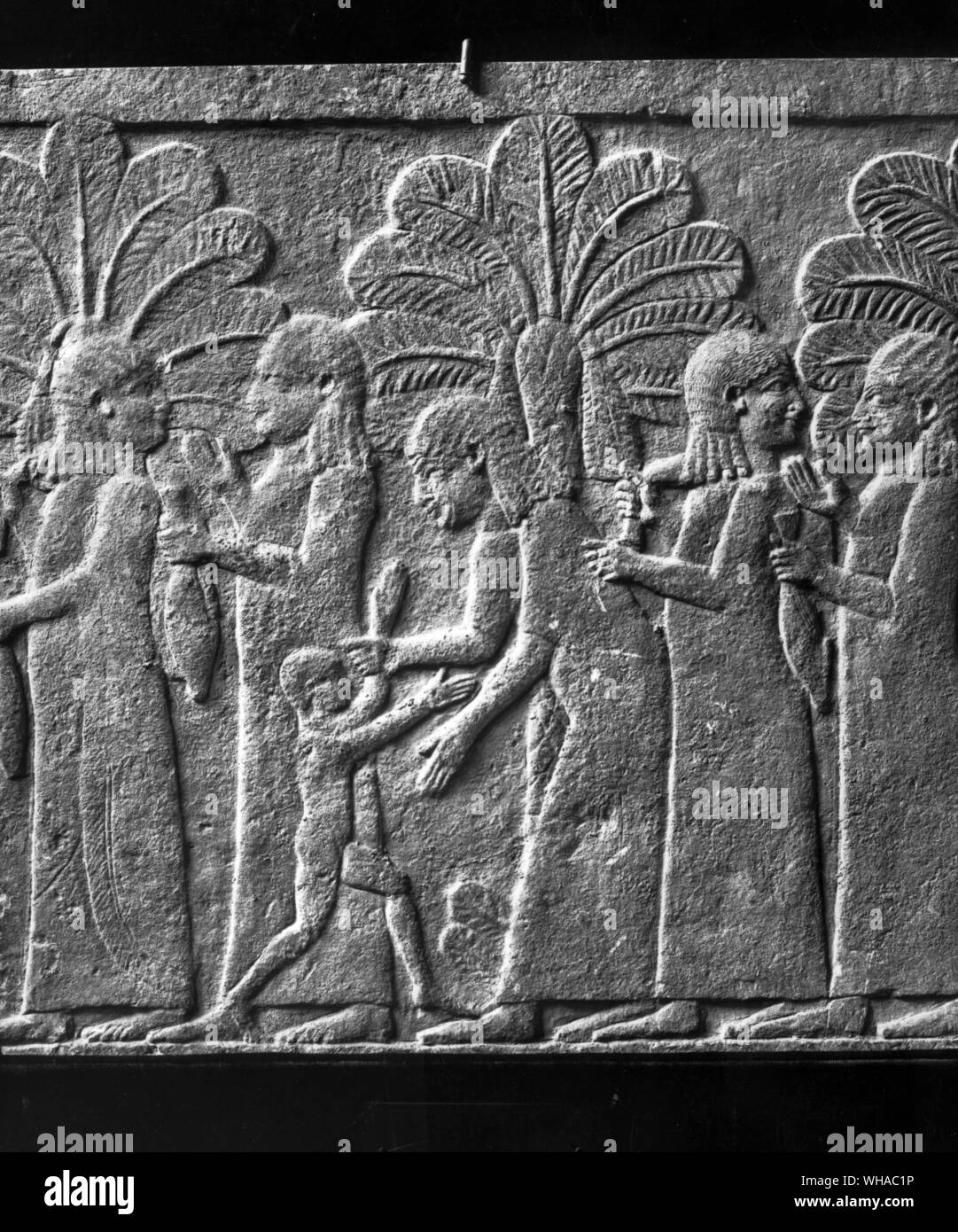 Cinq femmes incarcérées dans une palmeraie. L'Assyrien 7e siècle av. J.-C. calcaire Banque D'Images
