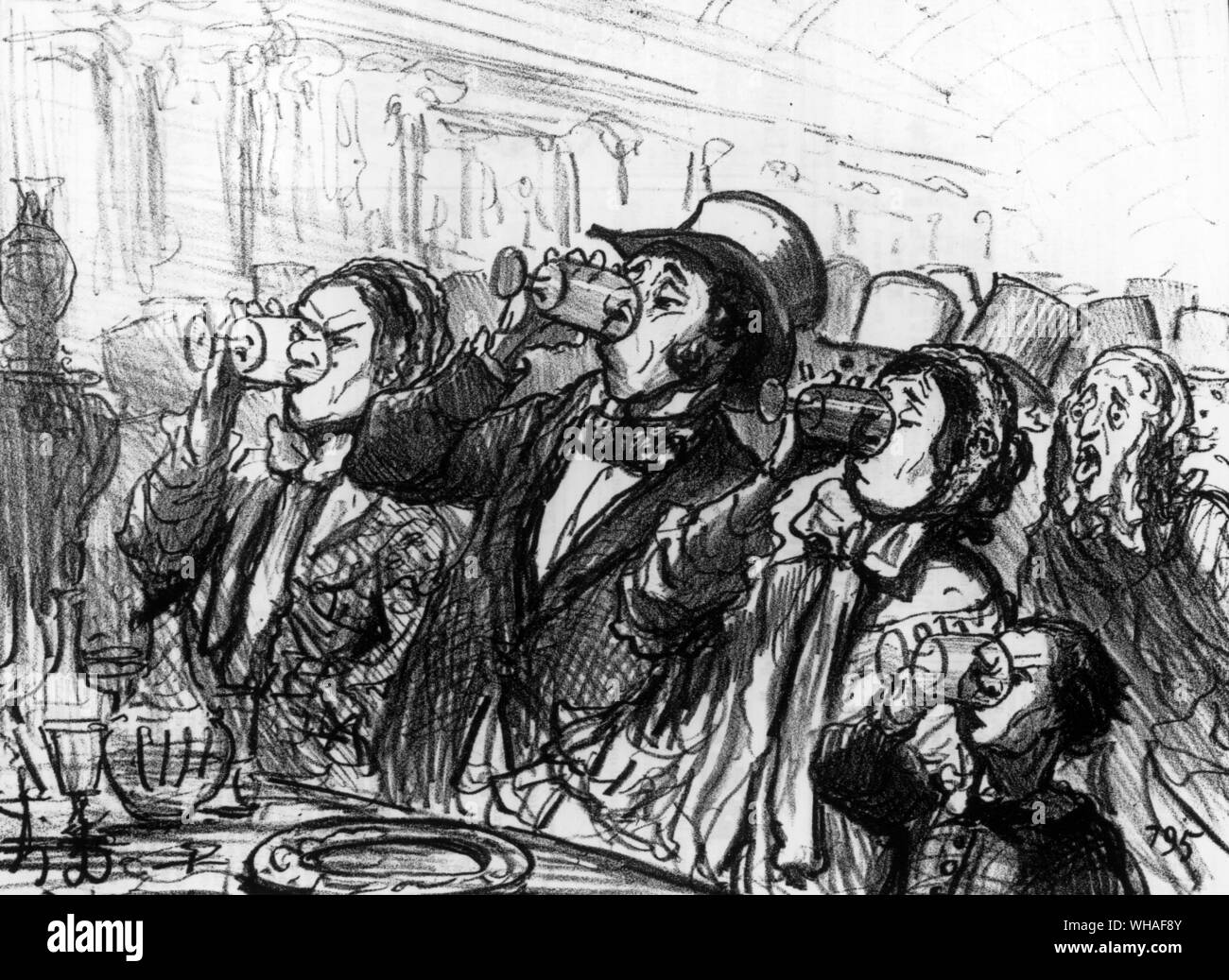 Dessin animé sur l'Exposition de Paris caricature d'Honoré Daumier. Le Charivari du 12 juillet 1855. Vue sur le buffet pendant la 'dog-jours' Banque D'Images
