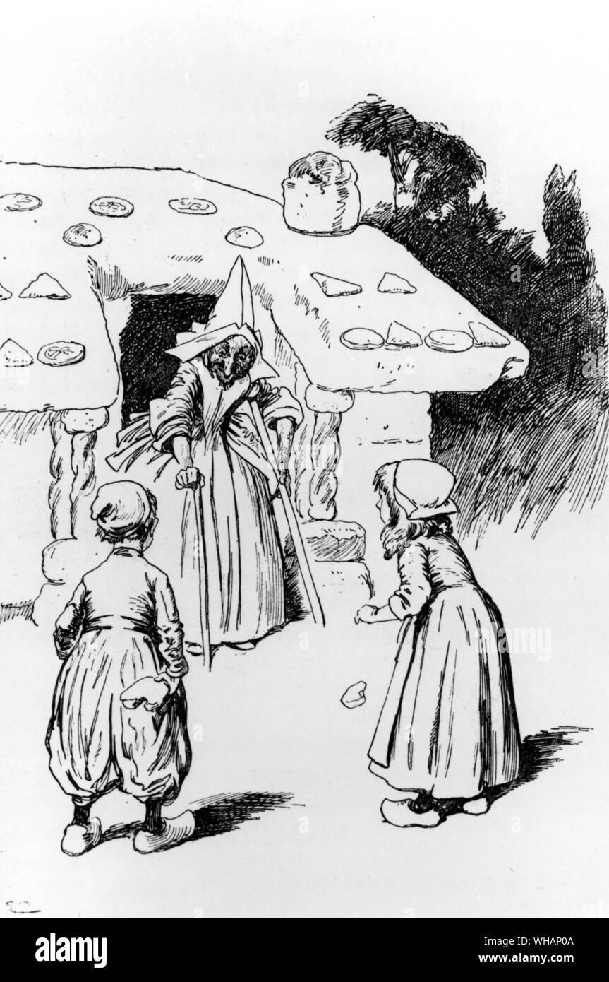 Les Contes de Grimm, 1894. Une très vieille femme, marchant sur des béquilles, est sorti Banque D'Images