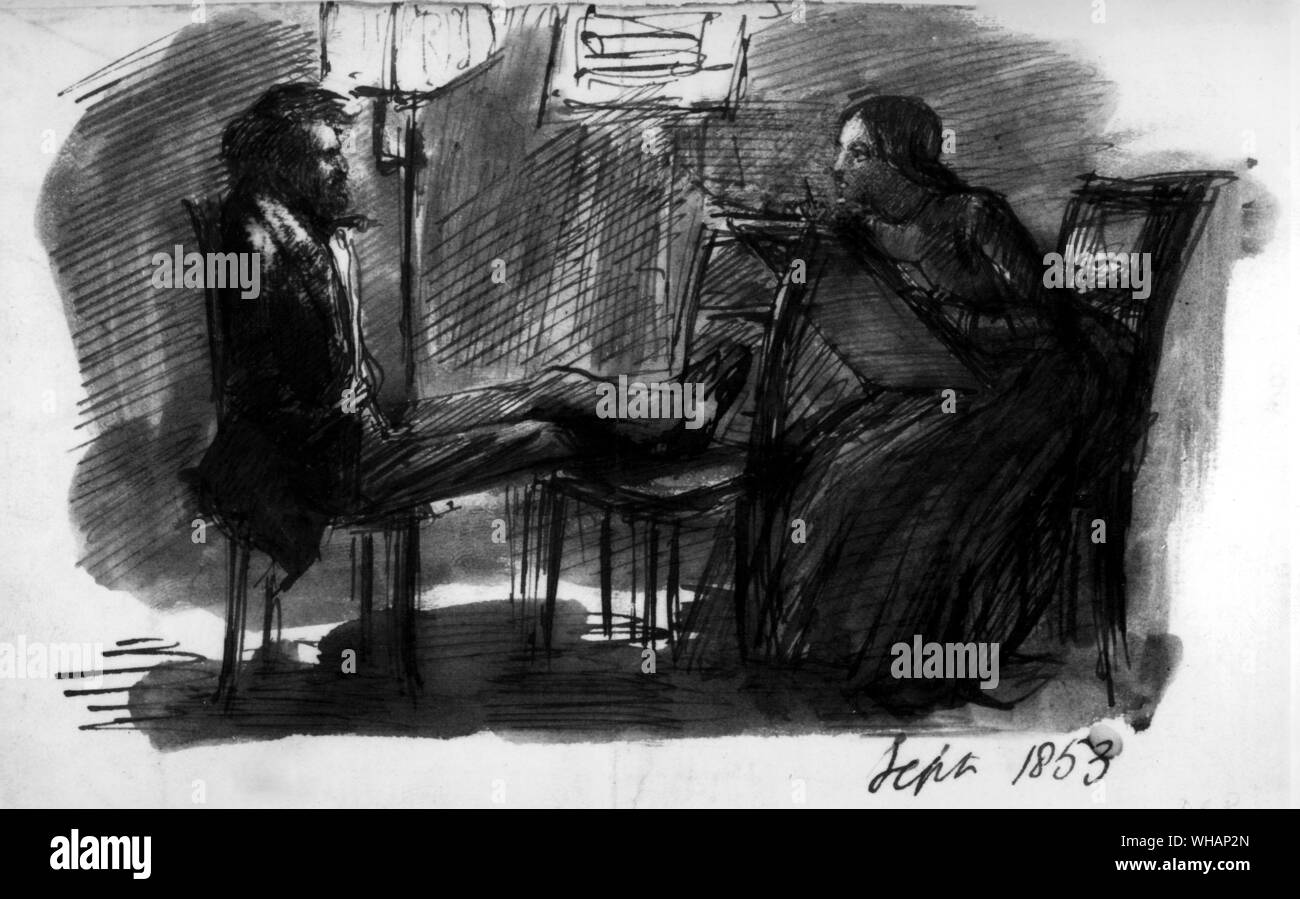D G Rossetti. Self Portrait Sketch, assis à Elizabeth Siddal. Septembre 1853 . . . . Dante Gabriel Rossetti, (orig. Gabriel Charles Dante Rossetti) peintre et poète anglais, co-fondateur de mouvement préraphaélite 1848 ; frère de Christina Rossetti  1828-1882 . . . Banque D'Images