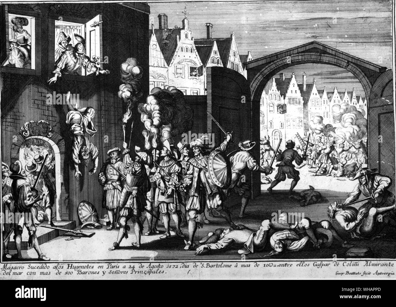 Hugenotes à Paris 24 août 1572 St Barthélemy. Henri III de Navarre était marié à Marguerite de Valois, fille de Henri II de France et Catherine de Médicis, le 18 août 1572. Marguerite était aussi la sœur aînée de quatre frères, dont trois sont aussi devenus rois de France... Plusieurs notables protestants s'est rendu à Paris pour les célébrations de mariage. Un grand nombre d'entre eux ont été assassinés quelques jours plus tard le 24 août 1572, qui est devenu célèbre dans l'histoire comme le massacre de la Saint-Barthélemy, dans laquelle la mère de Marguerite était fortement impliqué... Henri lui-même seulement évité d'être assassiné par Banque D'Images