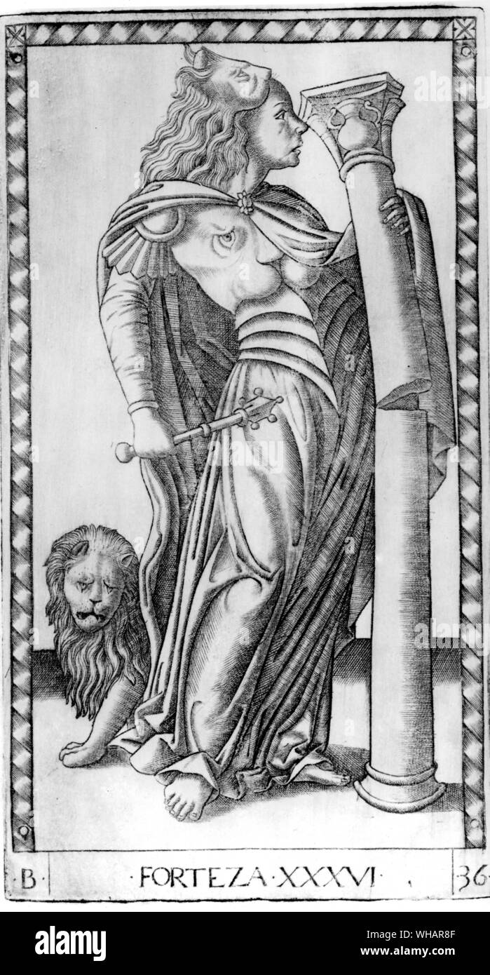 Tarocchi di Mantegna. 1895. Il a soi-disant Tarocchi di Mantegna sont un ensemble de 50 images gravée en cuivre (c.1465) qui ont probablement un jeu social ou série d'enseignement aux personnes formées. En fait, ils n'ont rien à voir avec Mantegna. Les cartes sont numérotées consécutivement à partir de 1 à 50 ans, répartis dans les groupes suivants : la société ; Apollon et les neuf Muses, les arts et les sciences ; les sept vertus et Sun, le temps et le monde, les planètes et les sphères. Des exemples connus aucun n'a été fait dans un jeu de cartes, mais ont été imprimés sur du papier fin comme du noir et blanc donne un aperçu.. Dans certains Banque D'Images