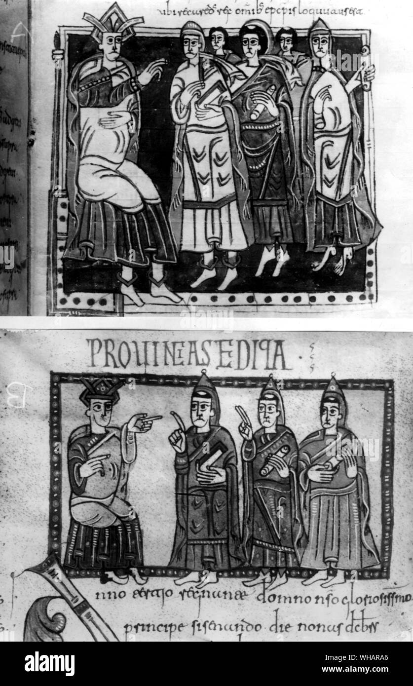 Le roi wisigoth et évêques. Un des wisigoths est membre de l'ouest de Goths qui ont envahi l'Empire romain au quatrième siècle après J.-C. et s'installe en France et l'Espagne, l'établissement d'une monarchie qui a duré jusqu'au début du huitième siècle.. . Banque D'Images
