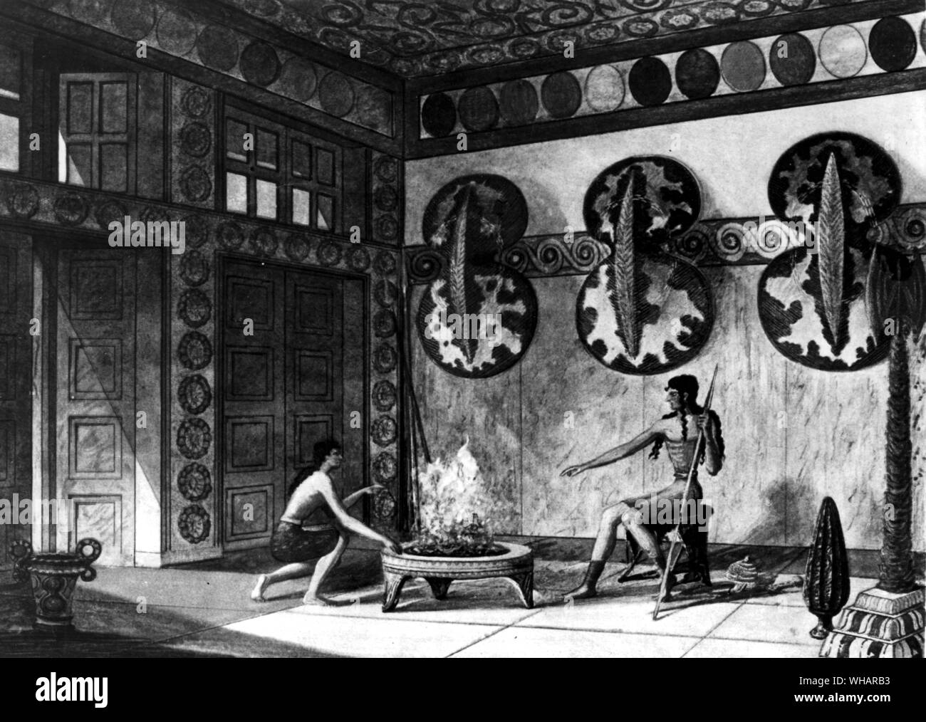 Du palais de Minos. par Sir Arthur Evans. restauré vue de l'intérieur de section interne de hall d'Axes Double montrant suspendue shields Banque D'Images