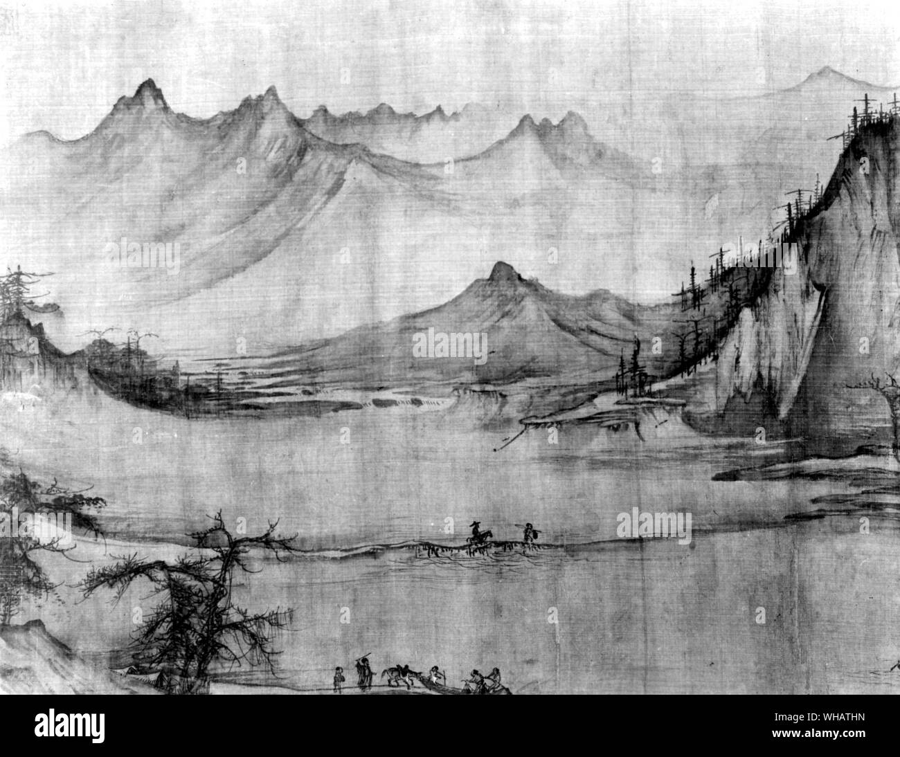 Hsu Ning Tao 11e siècle. La pêche dans un ruisseau de montagne. Le nord de Sung. Encre sur soie Banque D'Images