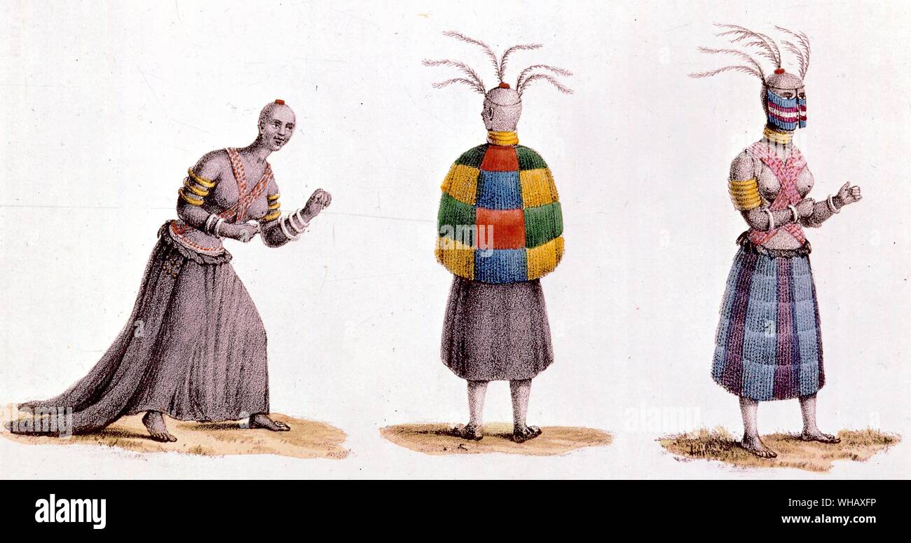 Robe de danse et les femmes du roi Zulu Femme de rang. Le royaume zoulou a joué un rôle majeur dans l'histoire de l'Afrique du Sud au cours du xixe siècle. L'aventure africaine - une histoire de l'Afrique de l'Explorers par Timothy Severin, page 150. Aussi, le récit d'un voyage à la Zoolu pays par un F Gardiner, page 46. Banque D'Images