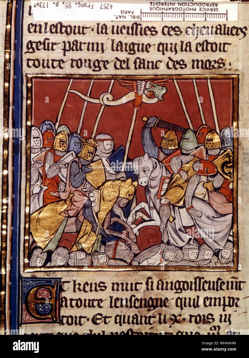 Le Roi Arthur sur le cheval de l'un des rebelles qui ont réclamé le trône. Banque D'Images