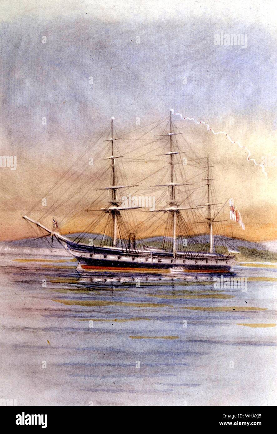 Le Challenger en mer. . Le cinquième HMS Challenger (1858) a été lancé d'un bain à vapeur, la marine britannique assistée de corvette en bois 22306 tonnes. Le capitaine George Nares, était aux commandes avec 243 officiers, scientifiques et l'équipage de la marine lorsqu'il embarque sur son 68 890 milles marins (127 670 km) voyage. Le Challenger est remarquable pour l'exécution de la première expédition de recherche marine et est sans parallèle dans l'histoire de la recherche scientifique. Le navire a également été le premier navire à vapeur à traverser le cercle antarctique, bien que ce n'était pas l'objet du voyage. . Banque D'Images