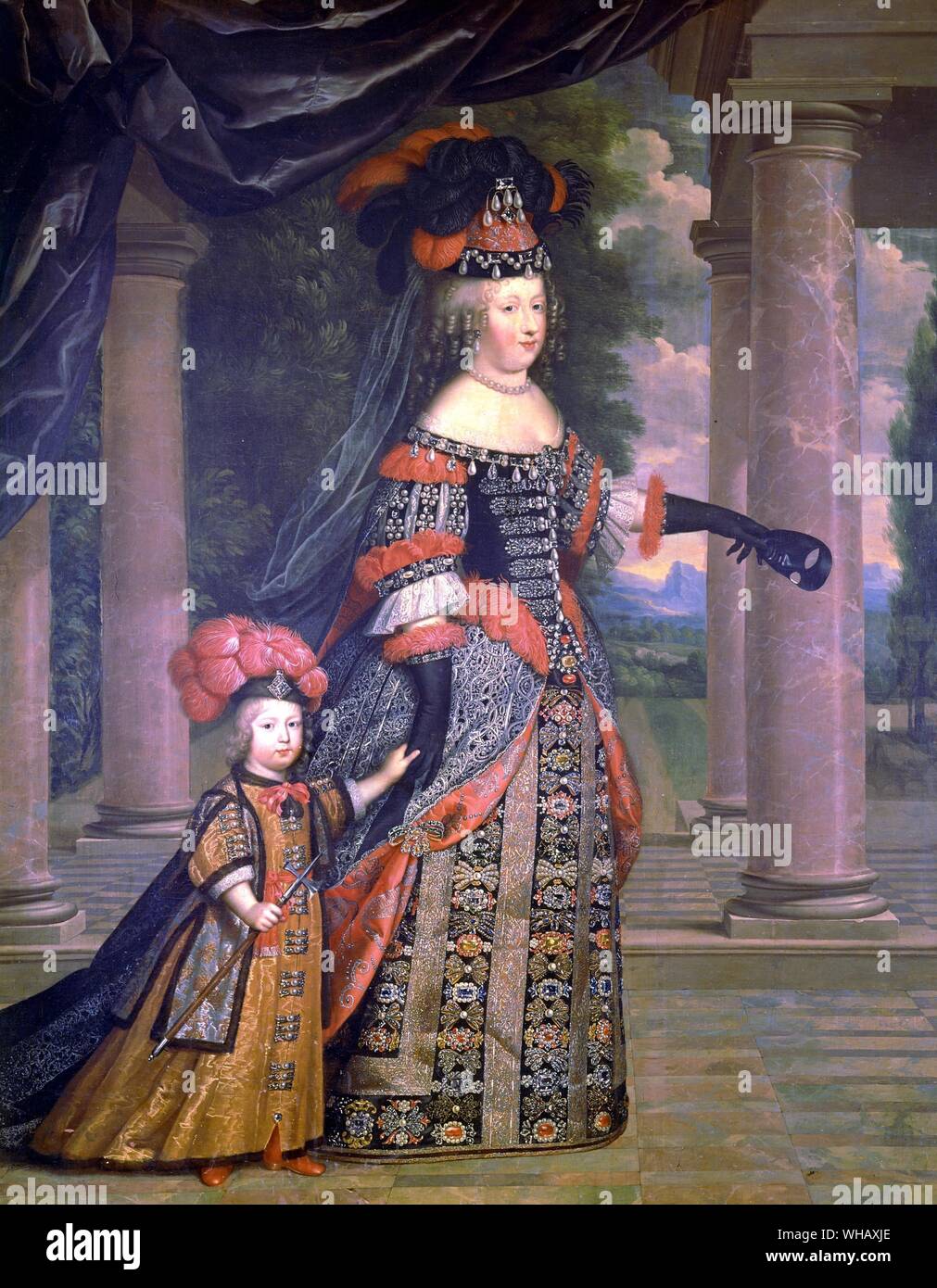 La Reine Marie-Thérèse et le Dauphin par Pierre Mignard (1612-1695). Le Roi Soleil par Nancy Mitford, page 57. Banque D'Images