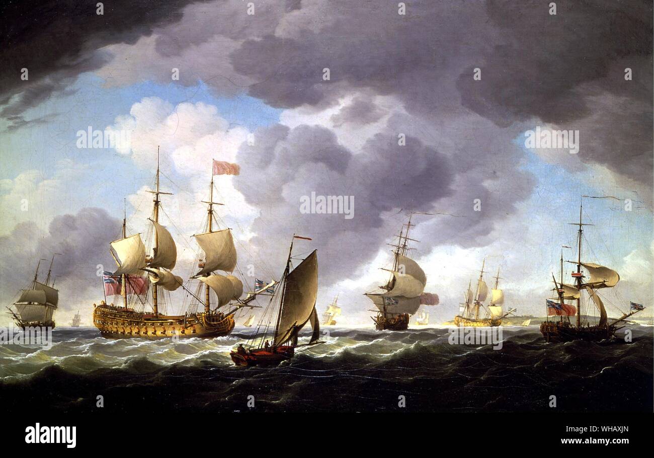 Le Vice-amiral de l'Escadron Rouge & en mer, 1750. Huile sur toile de Charles Brooking, peintre anglais, ca. (1723-1759). Banque D'Images