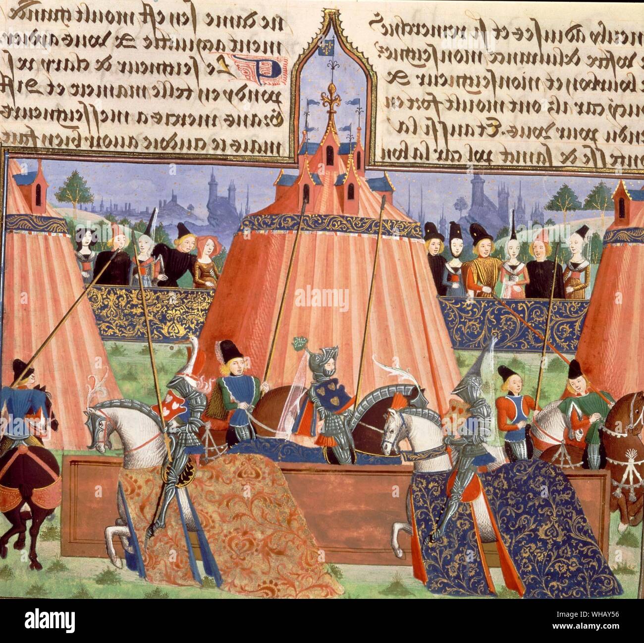 Deux chevaliers en armure à cheval avec lances. joutes. Illustration de l'article Chroniques de Froissart Harley (Chroniques de Froissart Harley), produit à Bruges.. Froissart's Chronicle a été rédigé en français par Jean Froissart. Il porte sur les années 1322 jusqu'en 1400 et décrit l'approche de et le progrès de la première moitié de la guerre de Cent Ans. Jean Froissart (1337-1405) a été l'un des plus importants des chroniqueurs de la France médiévale. Pendant des siècles, les Chroniques de Froissart ont été reconnus comme le principal responsable de l'expression de la renaissance chevaleresque de quatorzième siècle en Angleterre Banque D'Images