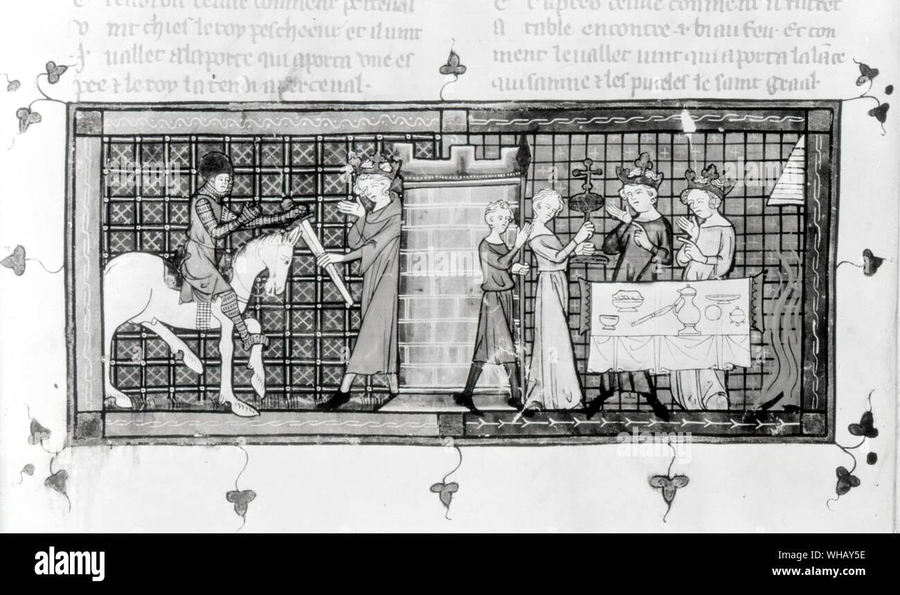 Perceval et le Roi Pêcheur au château de Graal. Le roi pêcheur ou le Roi blessé dispose dans la légende arthurienne comme la dernière d'une ligne chargé de tenir le Saint Graal. Versions de son histoire sont très variables, mais il est toujours blessé aux jambes ou de l'aine, et incapable de se déplacer sur ses propres. Banque D'Images