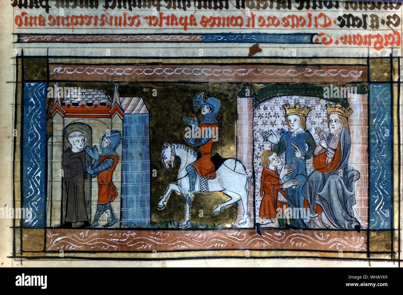 Gawaine prenant un congé d'Arthur et Guenièvre. Dans la légende arthurienne, Sir Gawain (Gawan, Gauvain, Walewein etc.) est le neveu du Roi Arthur et chevalier de la Table ronde. Banque D'Images