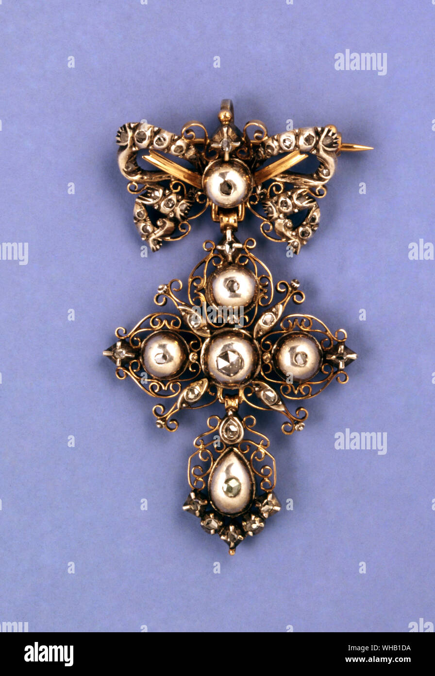 Broche pendentif en filigrane d'or et diamants sertis en argent sur l'or.. Travail Bretion, 18ème siècle. S. J. Phillips, Londres. Banque D'Images